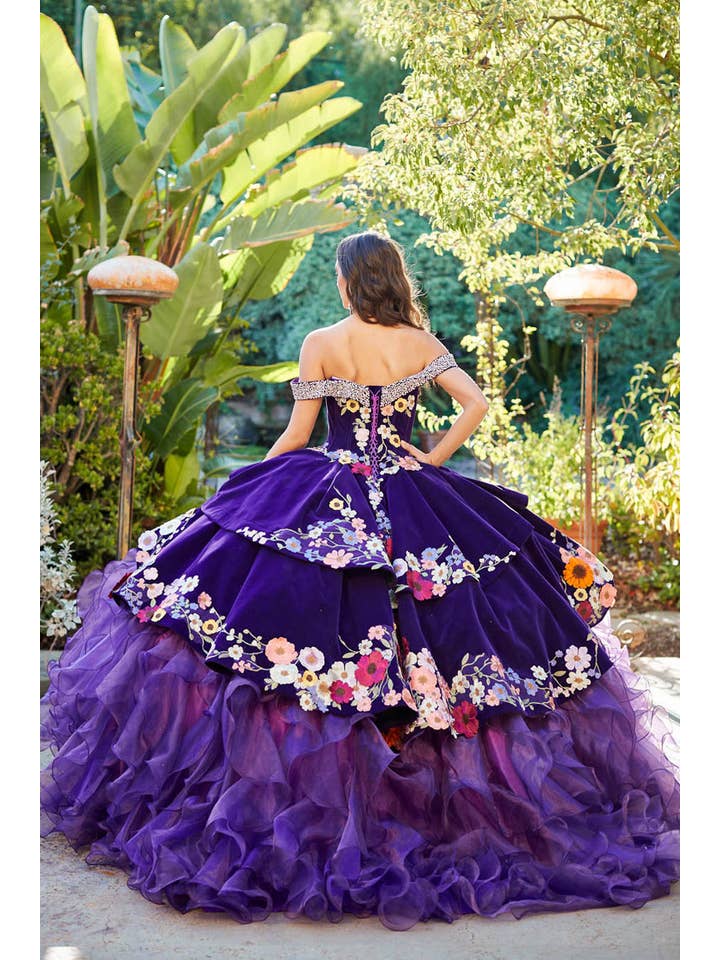 Stunning Purple Charro Floral Quinceanera Ball Gown with Iridescent Gemstones