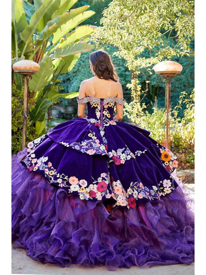 Stunning Purple Charro Floral Quinceanera Ball Gown with Iridescent Gemstones