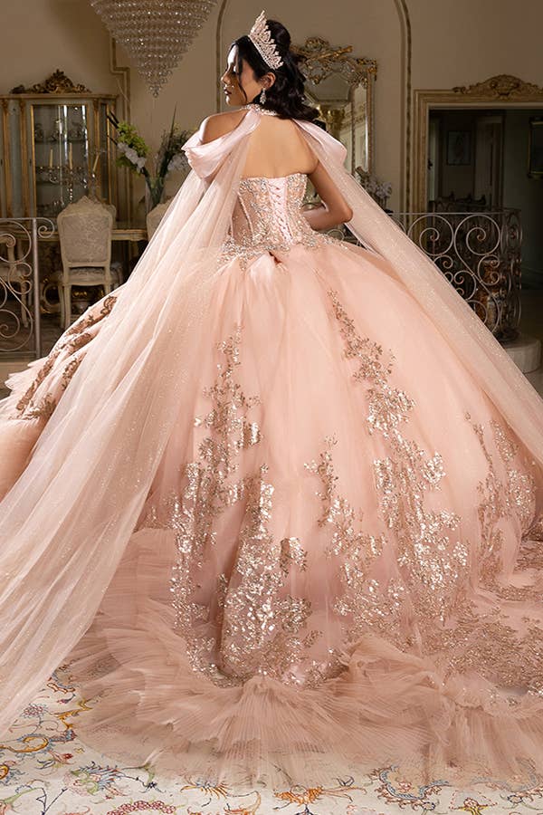 Stunning A-Line Quinceanera Ball Gown with Neckband Capelet & Glitter Sparkle