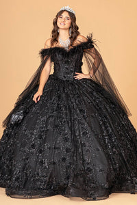 Elegant Mesh Quinceanera Ball Gown with Feather and Floral Embellishments