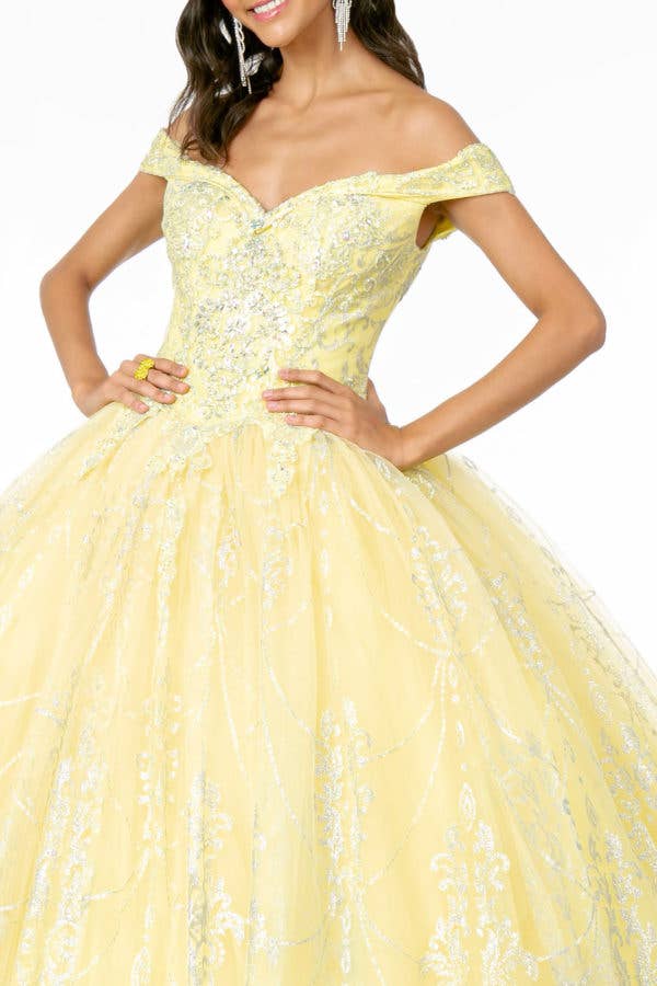 Sparkling Glitter Mesh Quinceanera Gown with Cut-Away Shoulders & Sweetheart Neckline