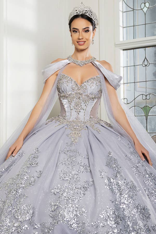 Stunning A-Line Quinceanera Ball Gown with Neckband Capelet & Glitter Sparkle
