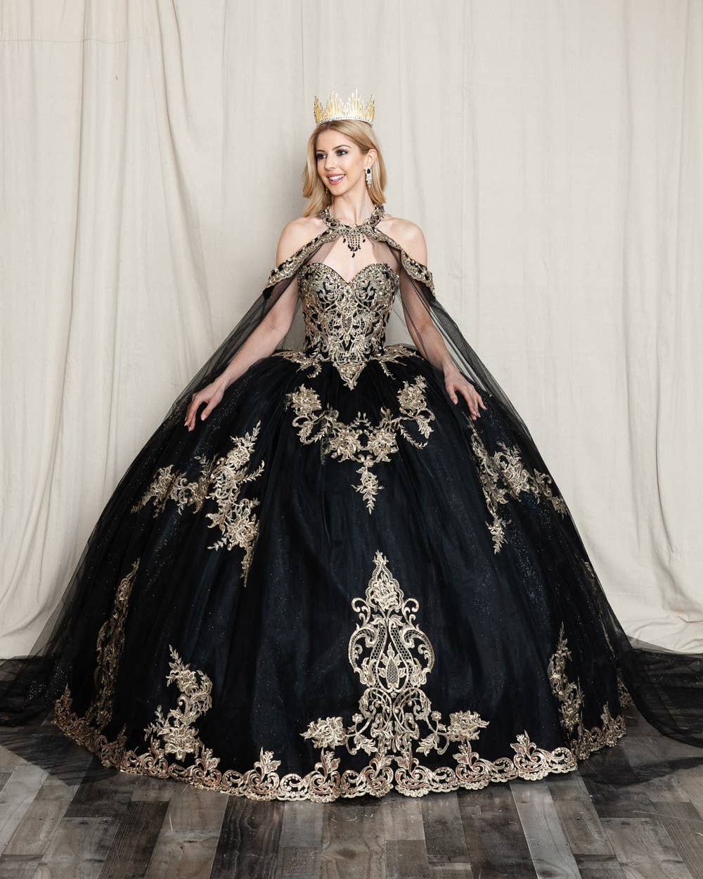 Elegant Princess Vanessa Ball Gown with Glitter Tulle and Gold Embroidery