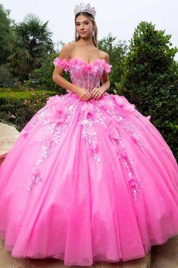 Stunning Off-Shoulder Pink Ball Gown with 3D Floral Appliques & Glitter