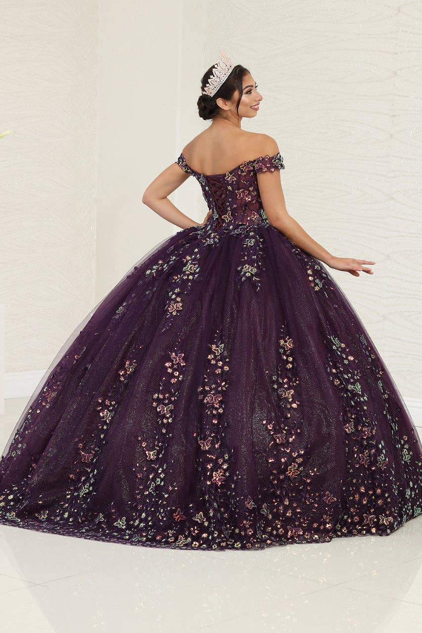 Elegant Off-Shoulder Butterfly Applique Prom Gown with Glitter Tulle Skirt