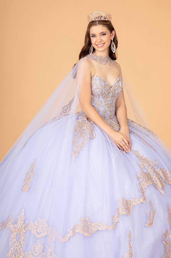 Elegant Glitter Jewel Embellished Quinceanera Ball Gown with Long Mesh Cape