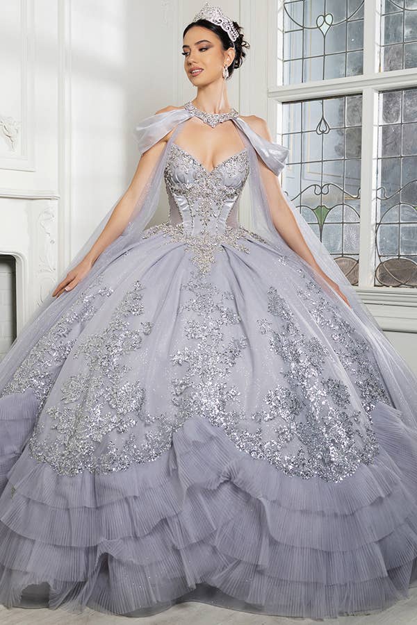 Stunning A-Line Quinceanera Ball Gown with Neckband Capelet & Glitter Sparkle