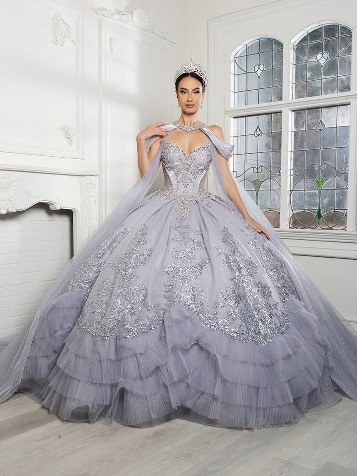 Wholesale Quinceañera Ball Gown with Detachable Cape and Glitter Appliqué By LA284