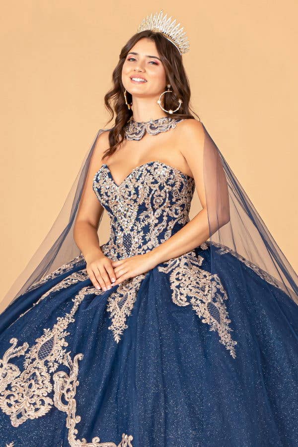 Elegant Glitter Jewel Embellished Quinceanera Ball Gown with Long Mesh Cape