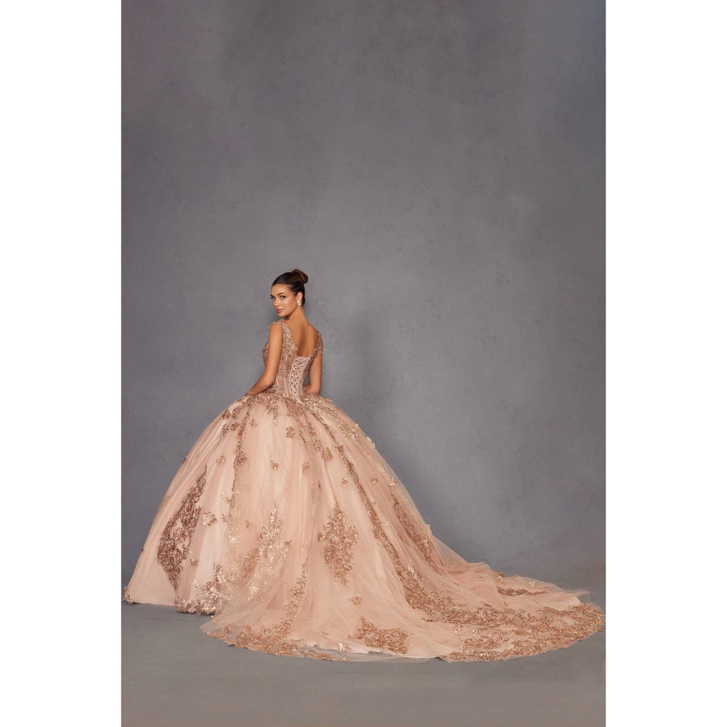 Elegant Rose Gold Sequin Off-Shoulder Ball Gown for Formal Occasions