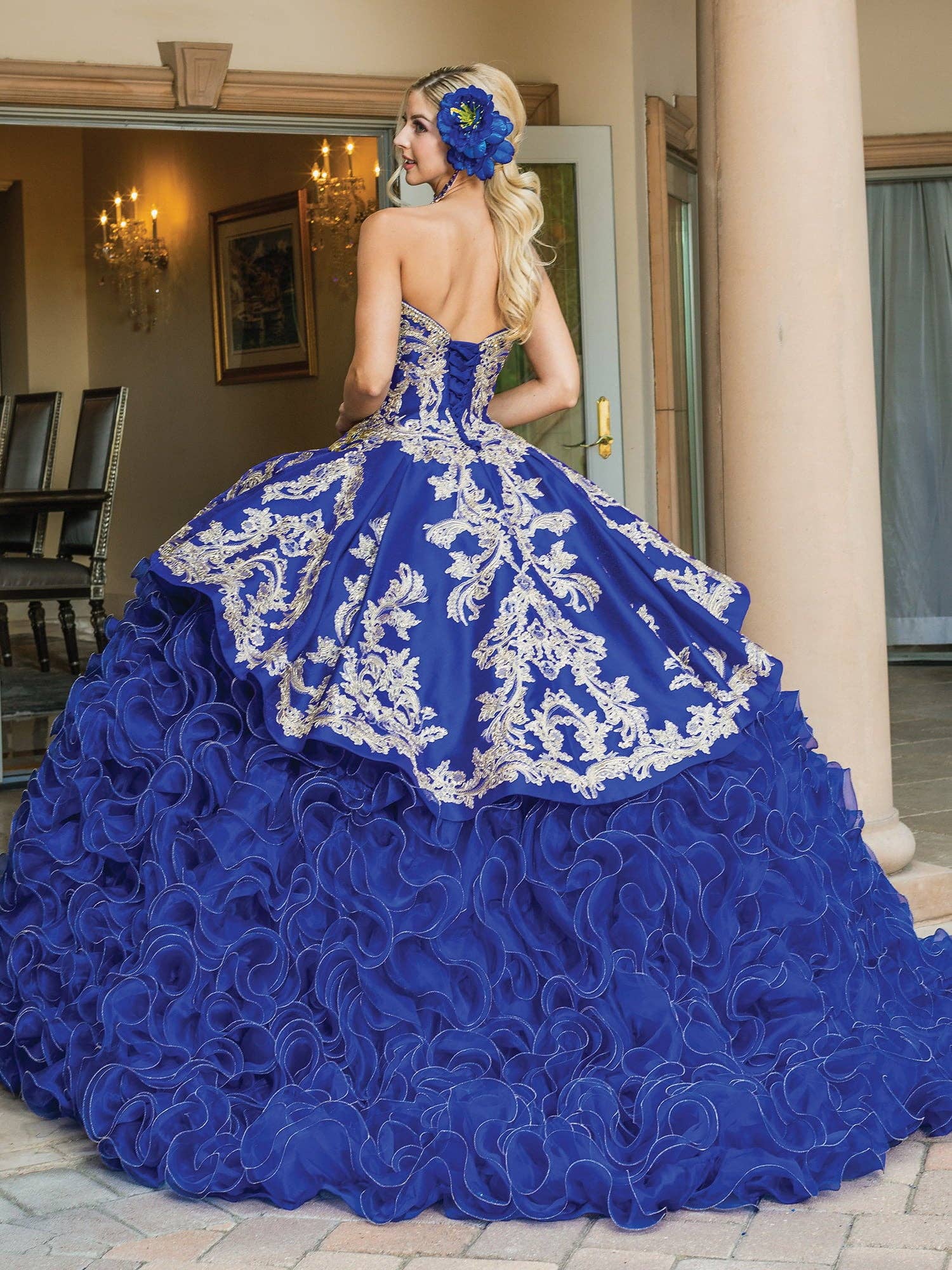 Exquisite Royal Blue Quinceañera Ball Gown with Gold Embroidery Ruffles