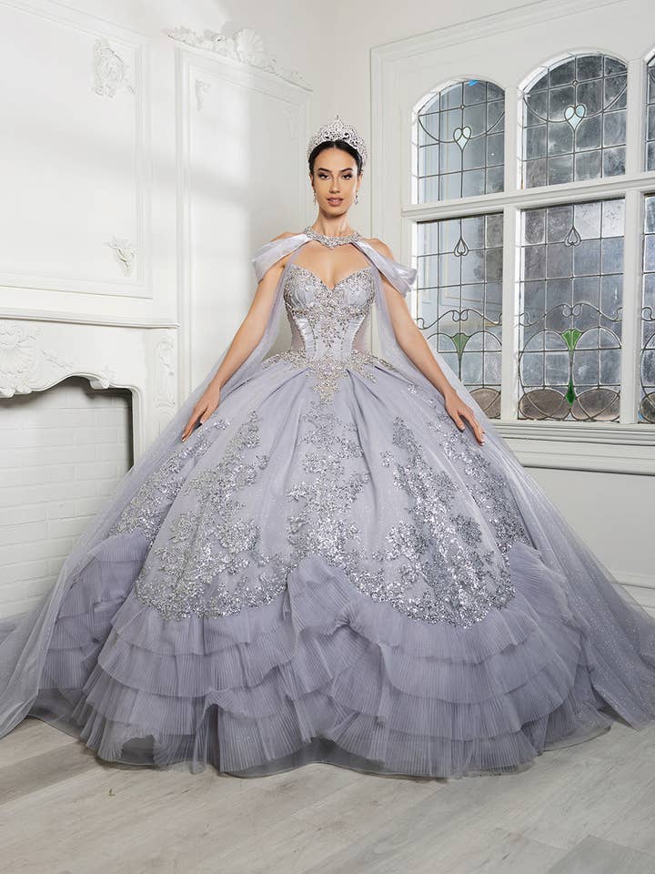 Wholesale Quinceañera Ball Gown with Detachable Cape and Glitter Appliqué By LA284