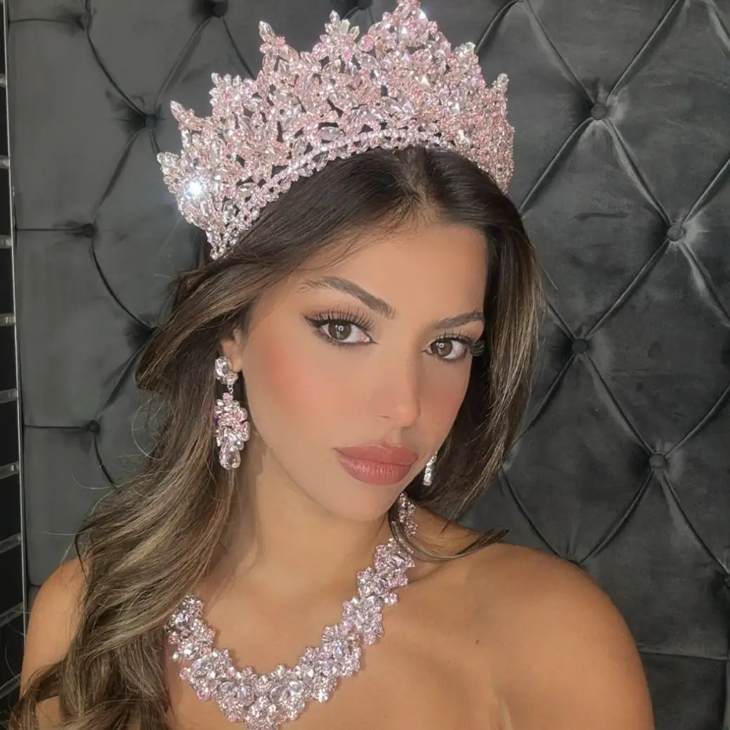 Wholesale Quinceanera Crown, Pink Crystal Crown, Prom Gold Headdress