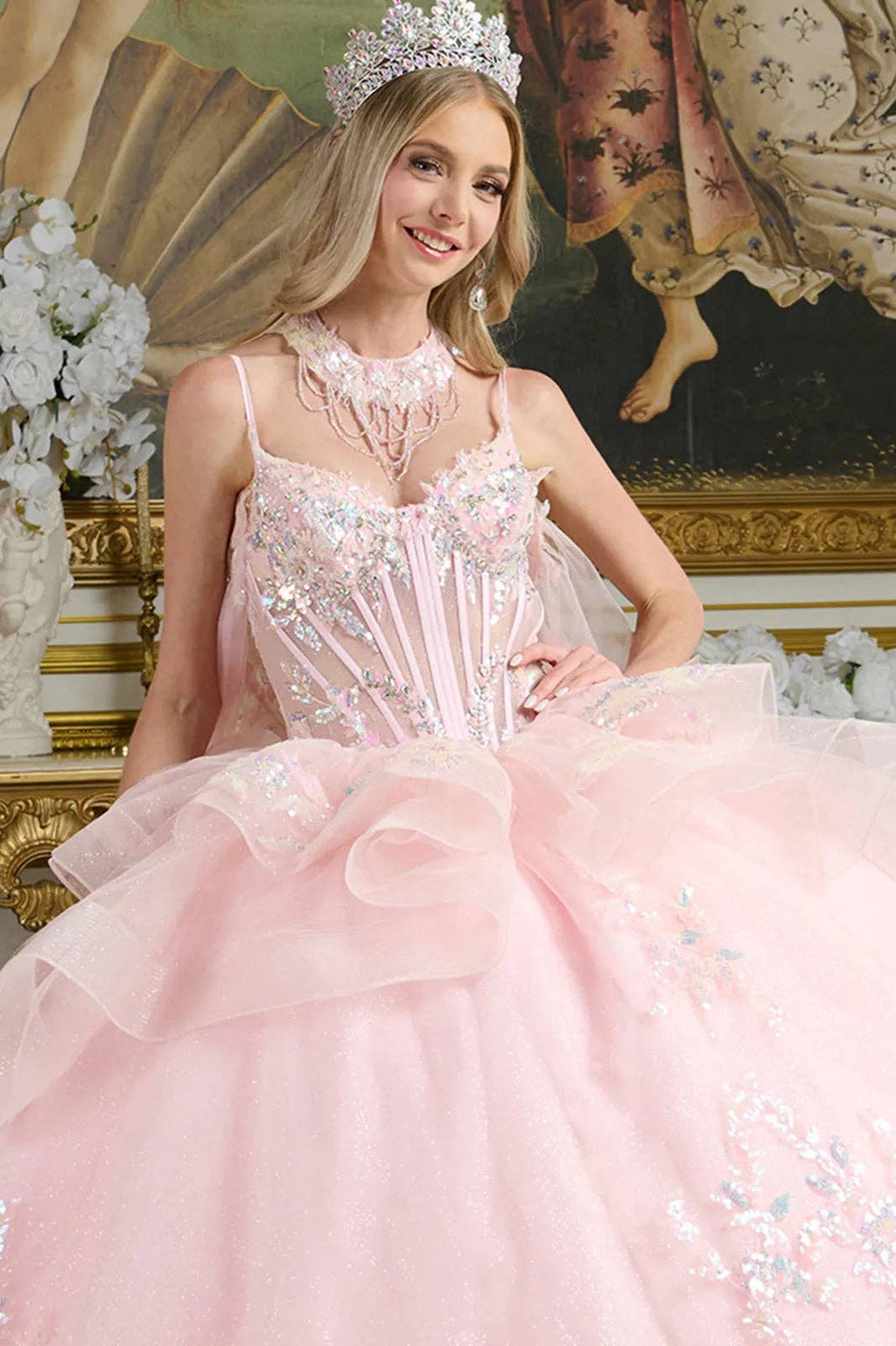 Glamorous Blush Tulle Ball Gown, Ruffled Waist, Beaded Choker & Detachable Cape