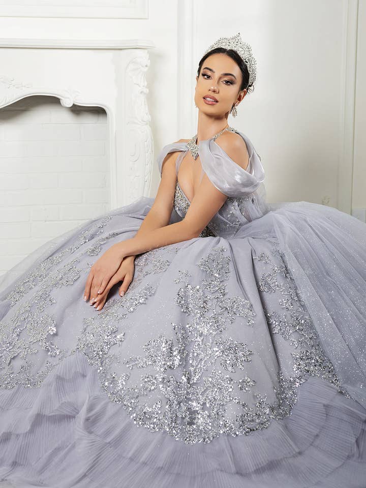 Wholesale Quinceañera Ball Gown with Detachable Cape and Glitter Appliqué By LA284