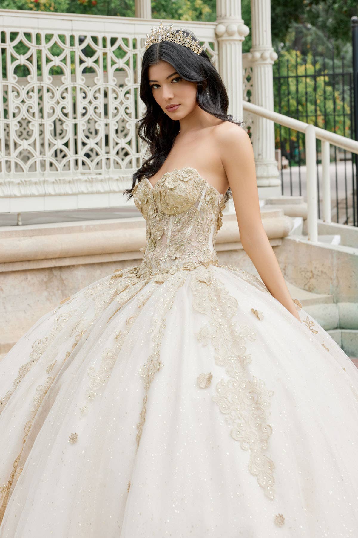 Elegant Champagne 3D Floral Applique Puff Sleeve Quinceanera Ball Gown
