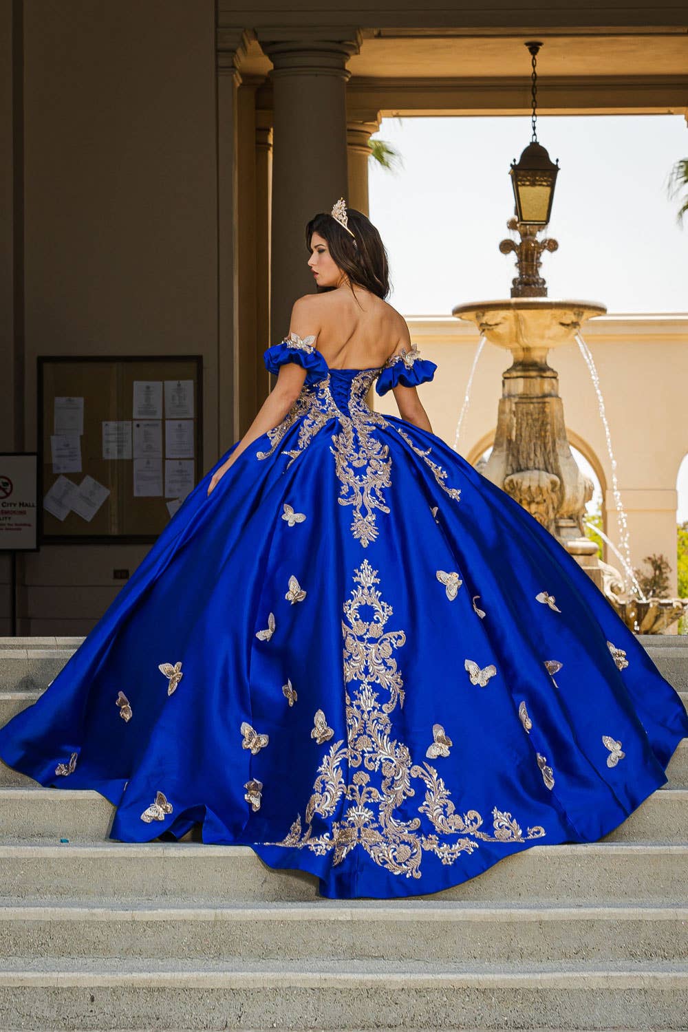 Stunning Royal Blue/Red Quinceañera Ball Gown with Golden Butterfly Accents