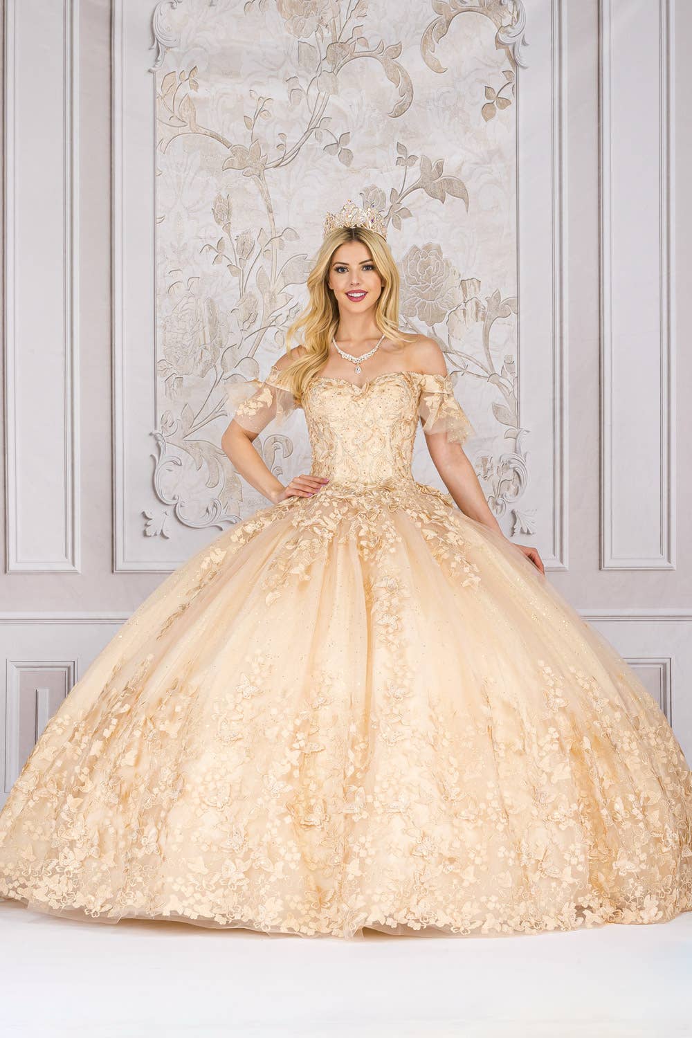 Elegant Champagne Glitter Tulle Butterfly Quinceanera Ball Gown with Detachable Ruffle Sleeves