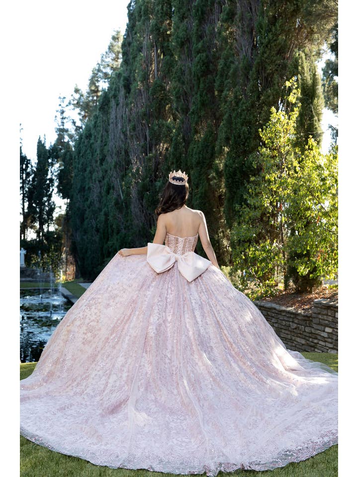 Glamorous Glass Beaded Glitter Tulle Quinceañera Dress with Detachable Sleeves