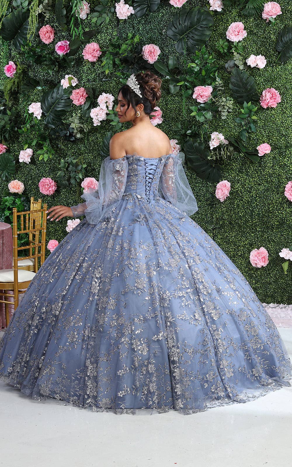 Elegant Off Shoulder Puff Sleeves Quinceanera Ball Gown with Glitter Floral Applique