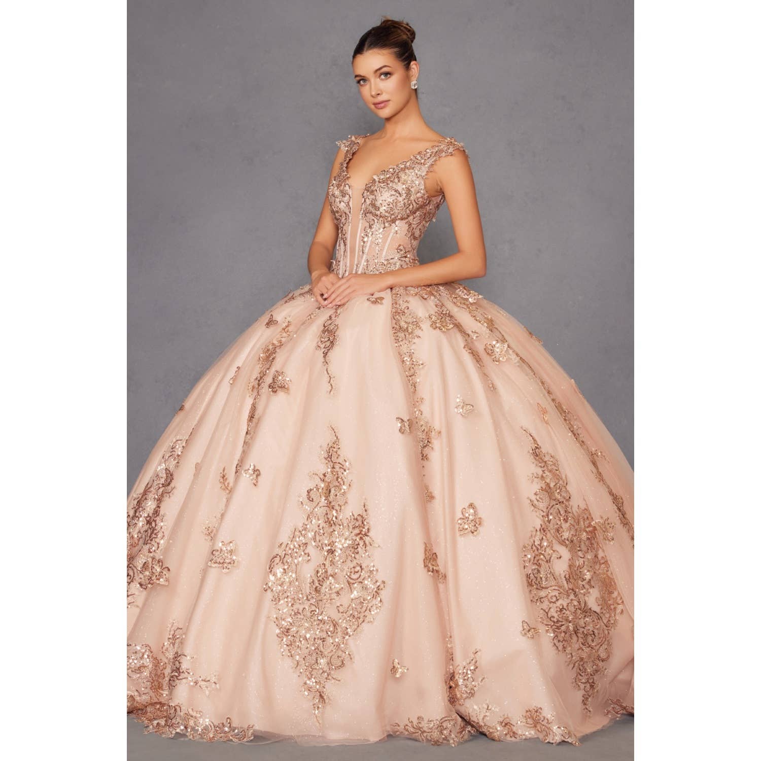 Elegant Rose Gold Sequin Off-Shoulder Ball Gown for Formal Occasions