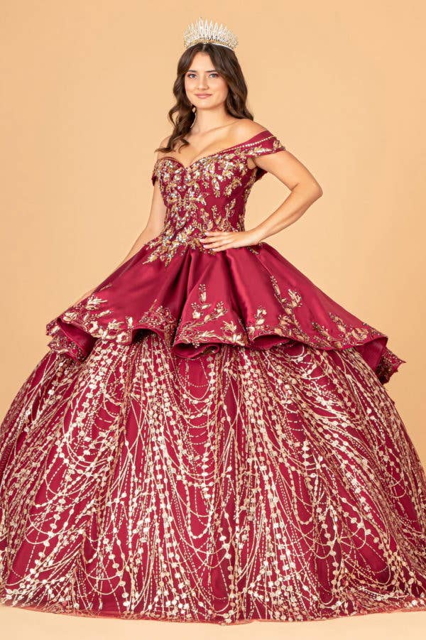 Elegant Off-Shoulder Satin Quinceanera Ball Gown with Dazzling Gold Embroidery