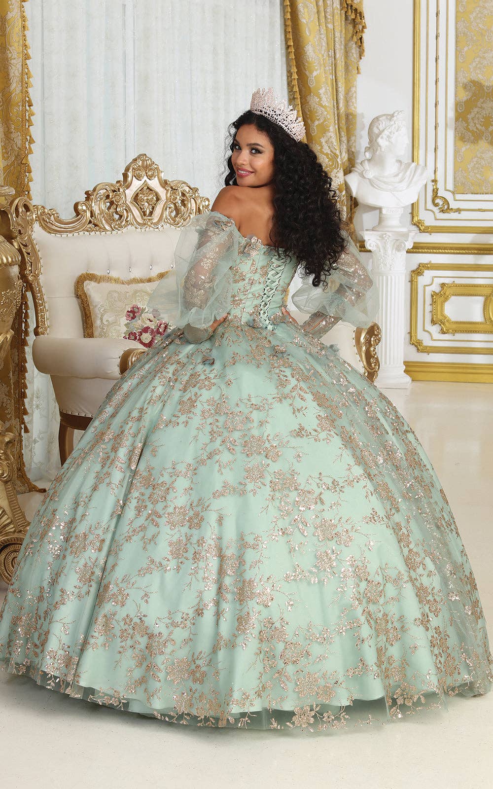 Elegant Off Shoulder Puff Sleeves Quinceanera Ball Gown with Glitter Floral Applique