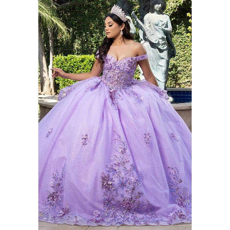 Elegant Off-Shoulder 3D Floral Applique Quinceanera Gown with Lace-Up Back