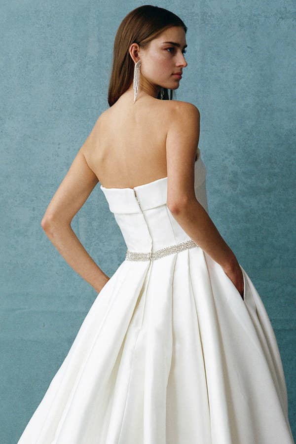 Elegant Strapless A-Line Mikado Wedding Gown with Pockets & Beaded Belt