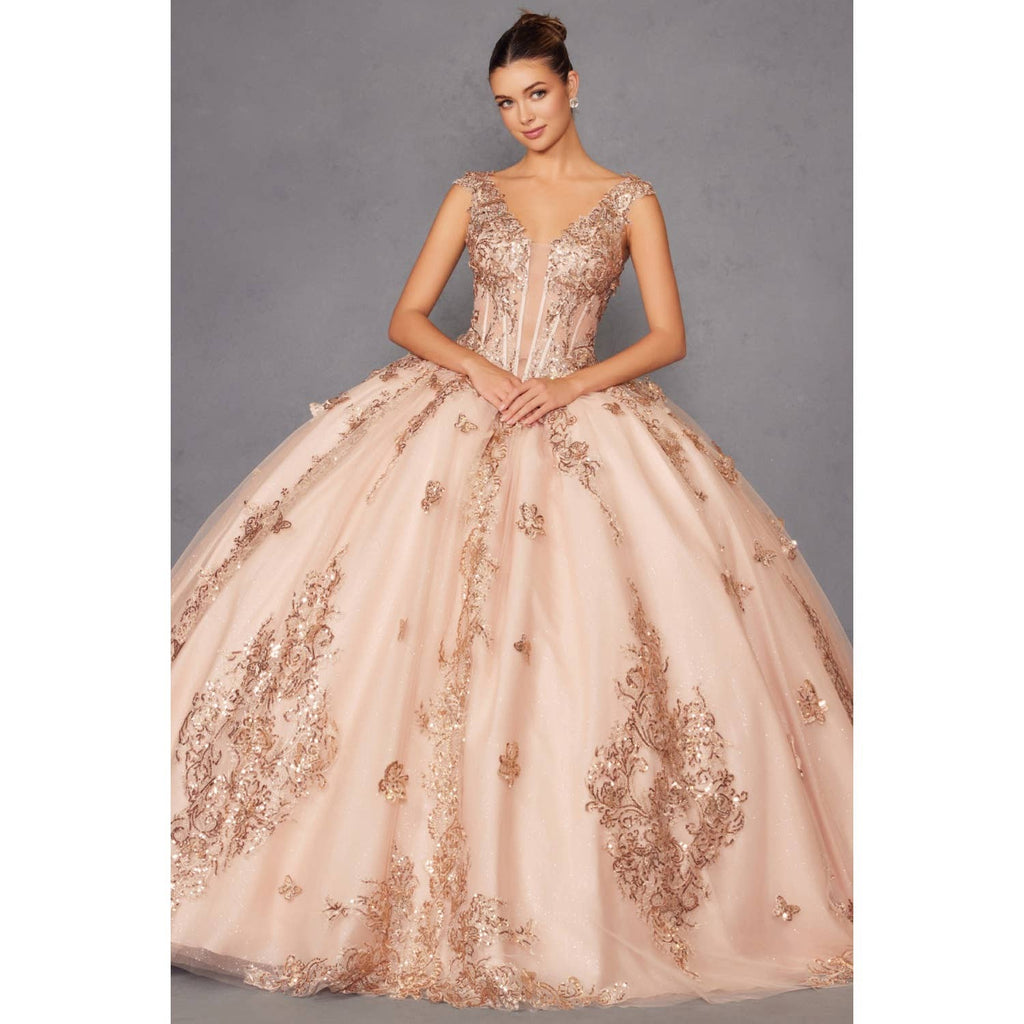 Elegant Rose Gold Sequin Off-Shoulder Ball Gown for Formal Occasions
