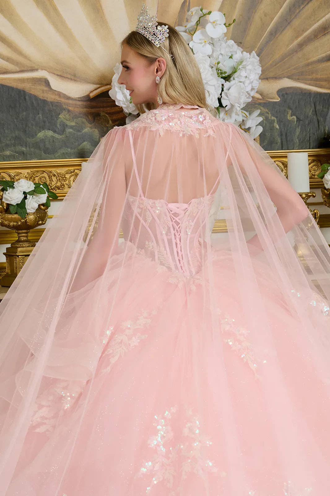 Glamorous Blush Tulle Ball Gown, Ruffled Waist, Beaded Choker & Detachable Cape