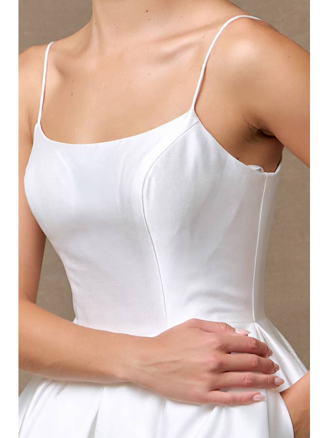 Elegant Off-White Sleeveless A-Line Mikado Wedding Gown with Pockets and Bow