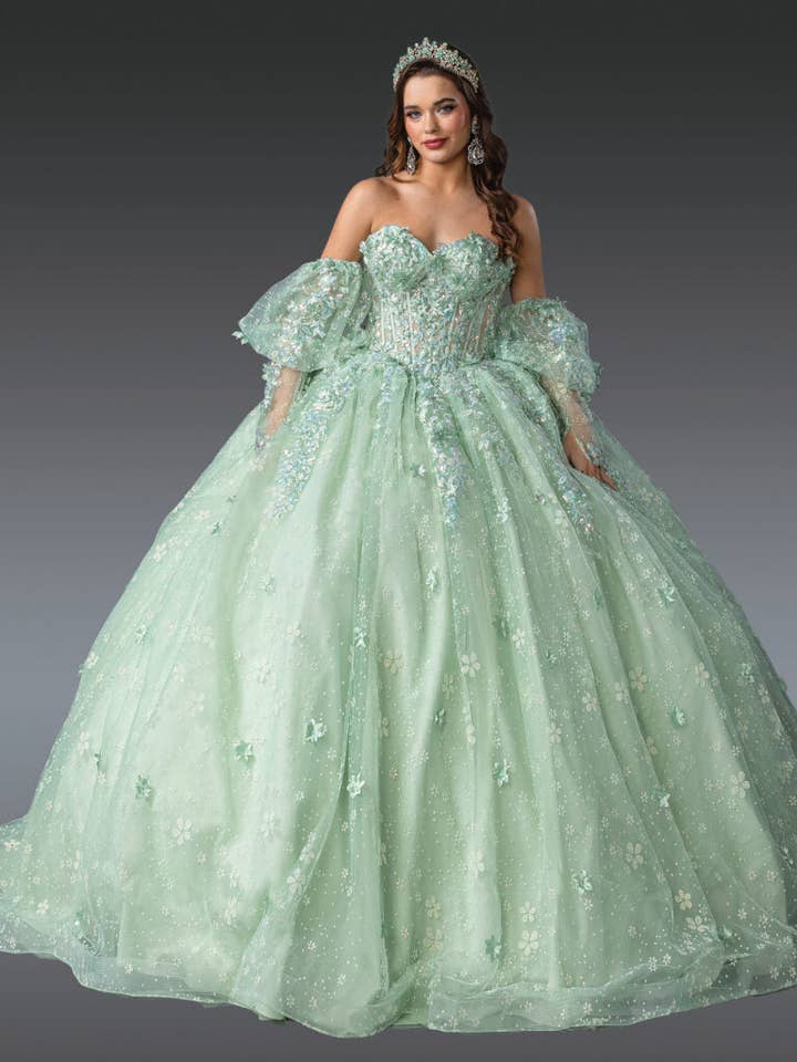 Enchanting Glitter Ball Gown with Detachable Sleeves for Quinceañera & Prom Nights