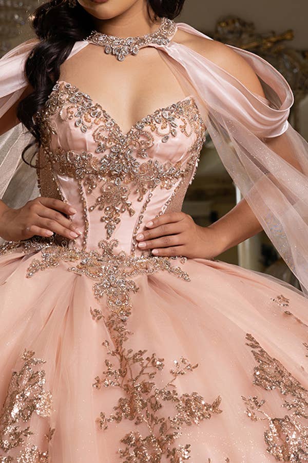 Stunning A-Line Quinceanera Ball Gown with Neckband Capelet & Glitter Sparkle