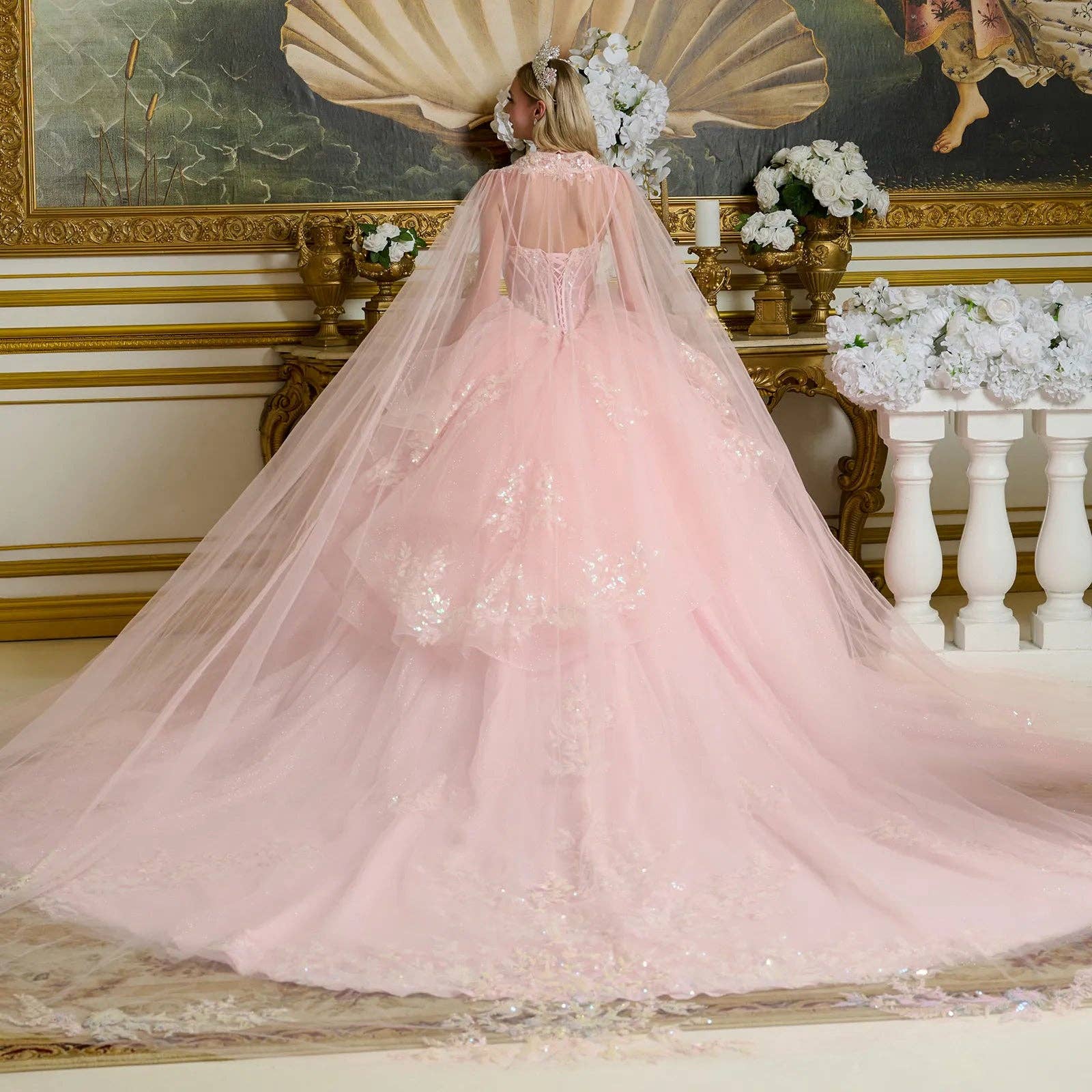 Glamorous Blush Tulle Ball Gown, Ruffled Waist, Beaded Choker & Detachable Cape