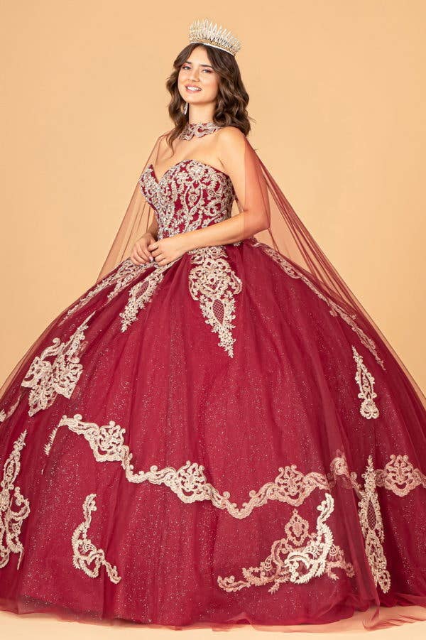 Elegant Glitter Jewel Embellished Quinceanera Ball Gown with Long Mesh Cape