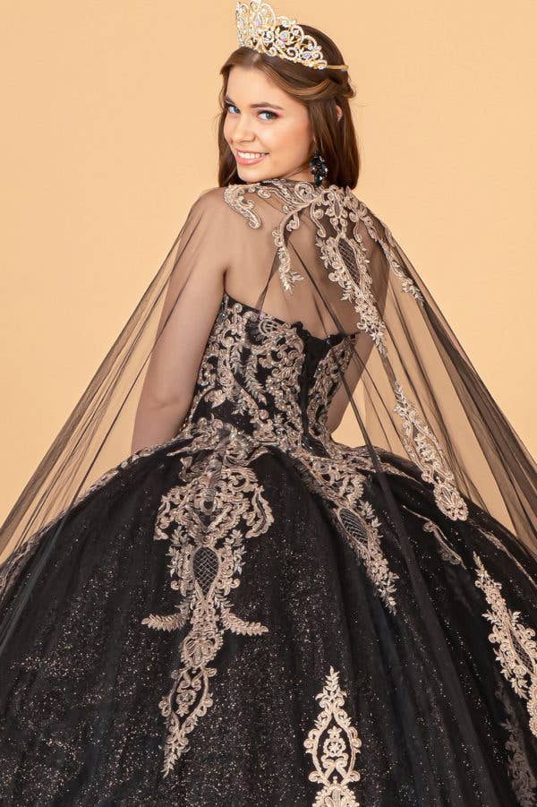 Elegant Glitter Jewel Embellished Quinceanera Ball Gown with Long Mesh Cape
