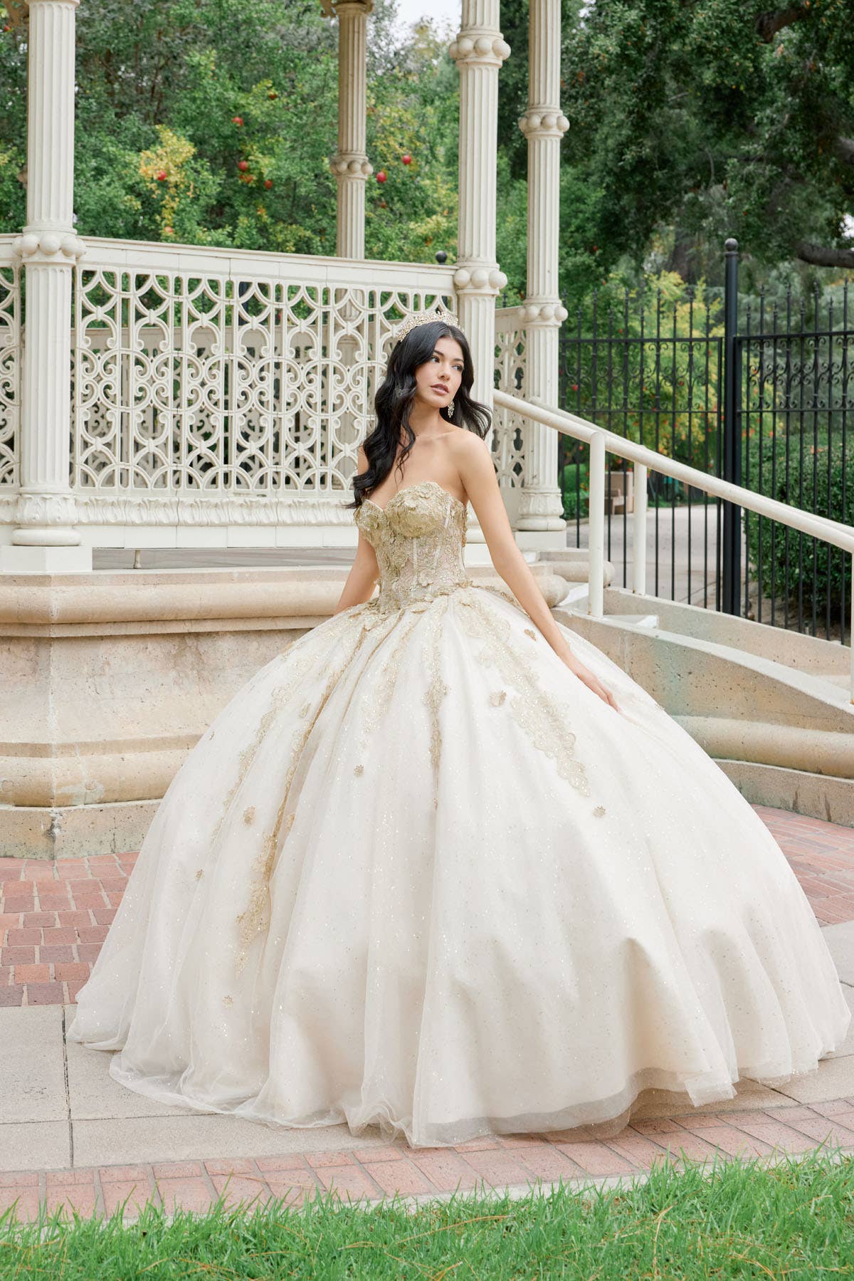 Elegant Champagne 3D Floral Applique Puff Sleeve Quinceanera Ball Gown