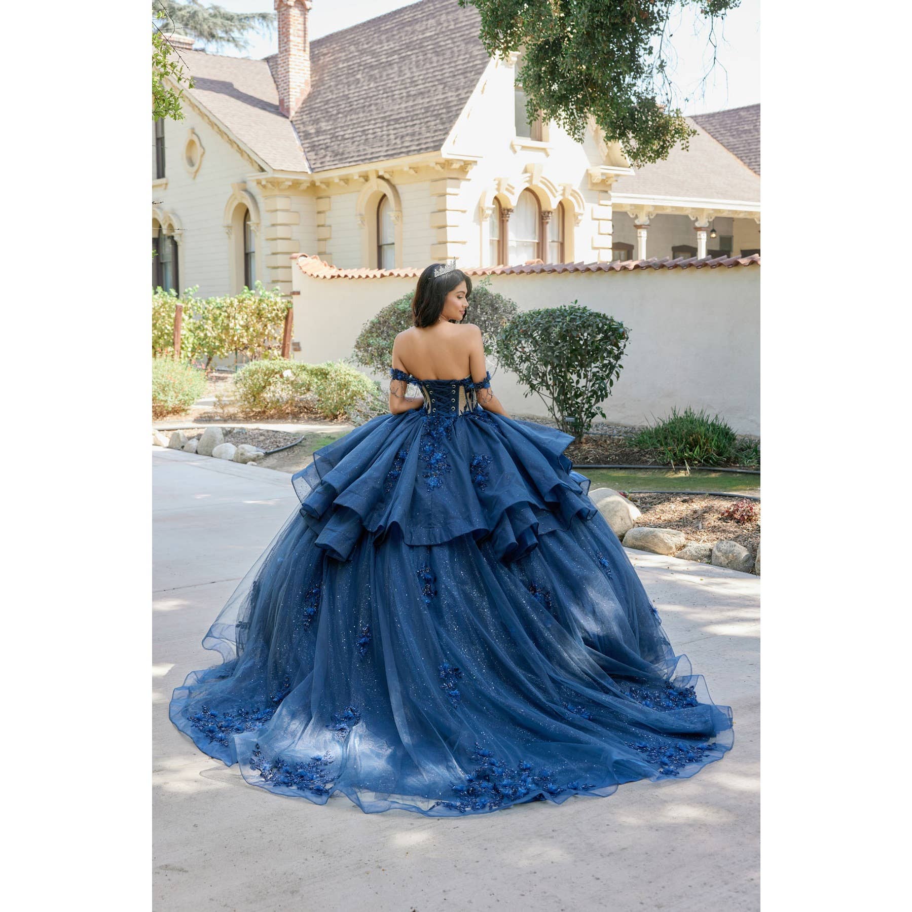 Elegant Navy Blue Layered Off-Shoulder Ball Gown with Floral Appliqué