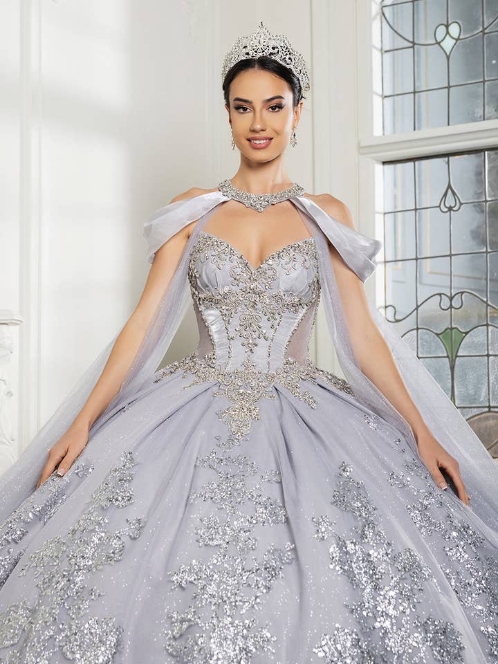 Wholesale Quinceañera Ball Gown with Detachable Cape and Glitter Appliqué By LA284