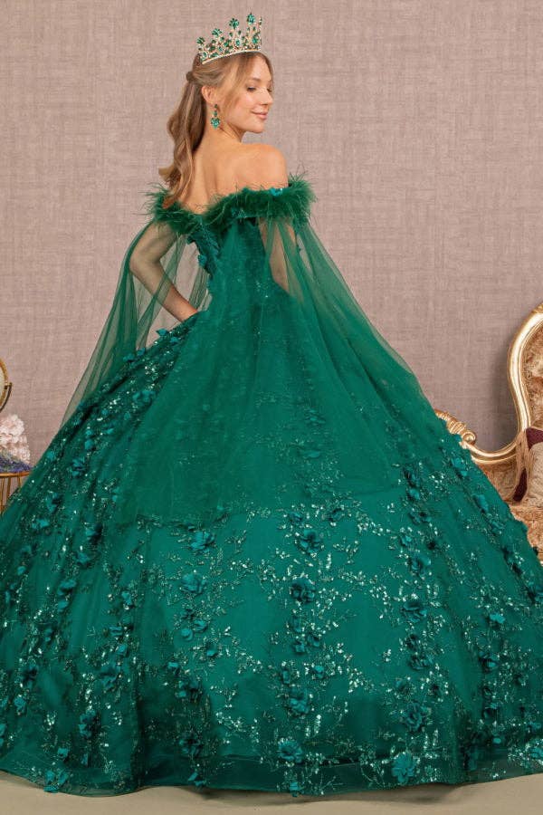 Elegant Mesh Quinceanera Ball Gown with Feather and Floral Embellishments
