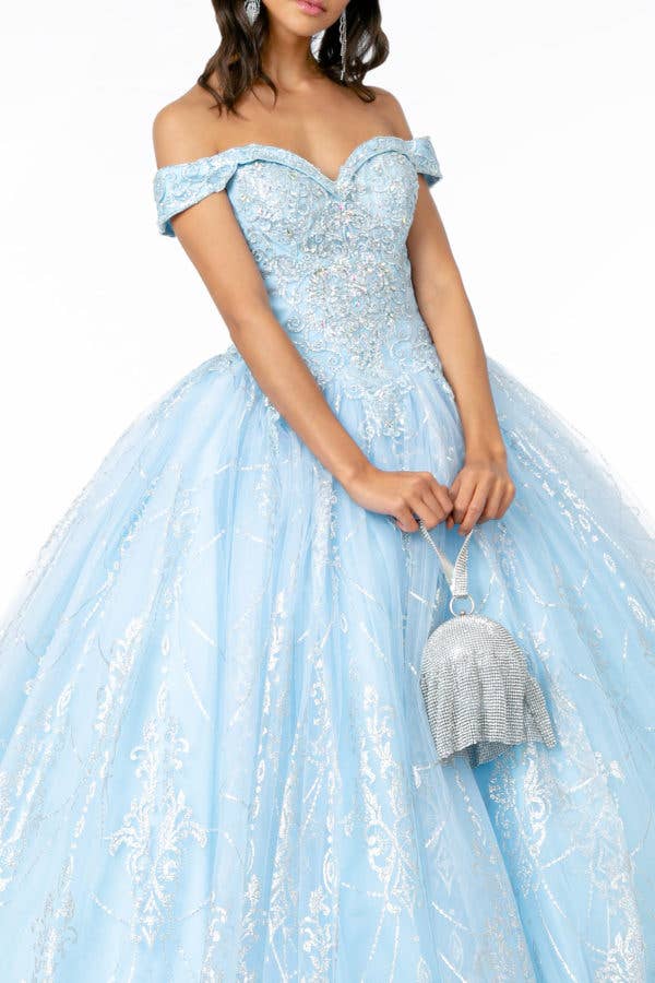 Sparkling Glitter Mesh Quinceanera Gown with Cut-Away Shoulders & Sweetheart Neckline