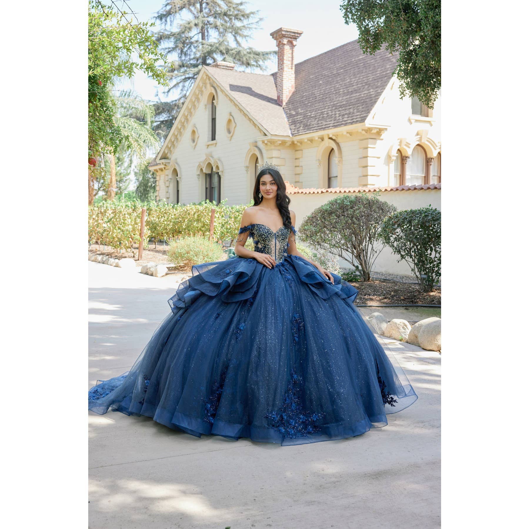 Elegant Navy Blue Layered Off-Shoulder Ball Gown with Floral Appliqué