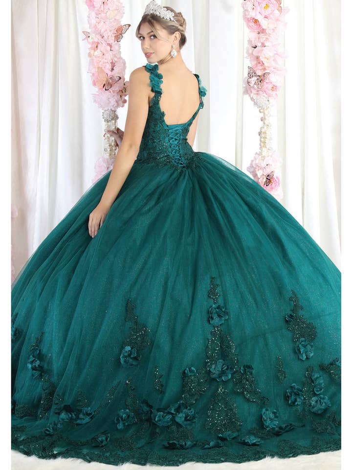 Elegant Sleeveless Corset V-Neck Quinceanera Ball Gown with 3D Floral Applique