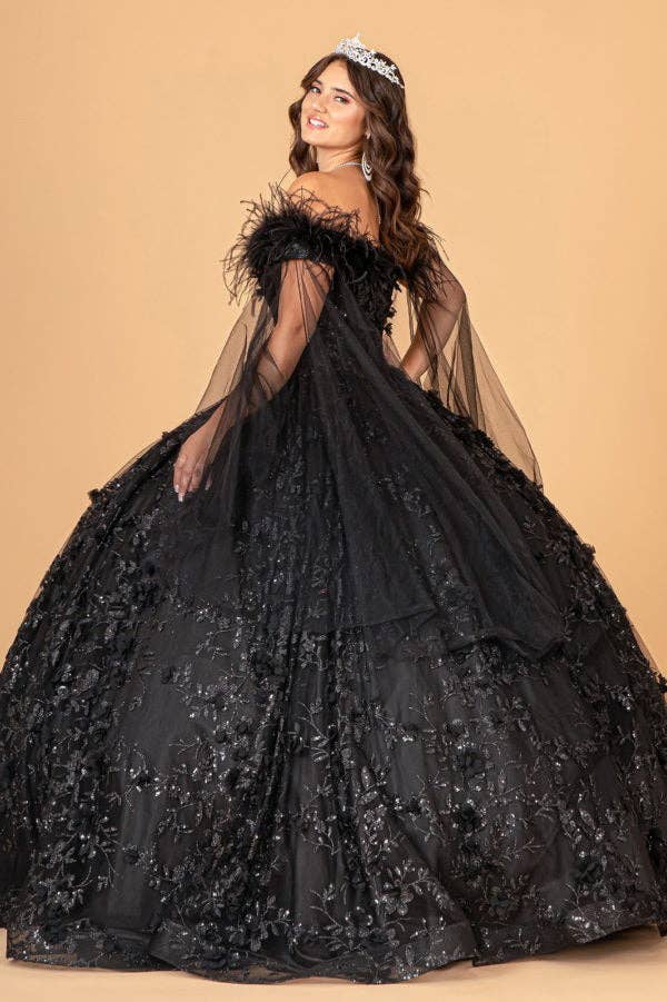Elegant Mesh Quinceanera Ball Gown with Feather and Floral Embellishments