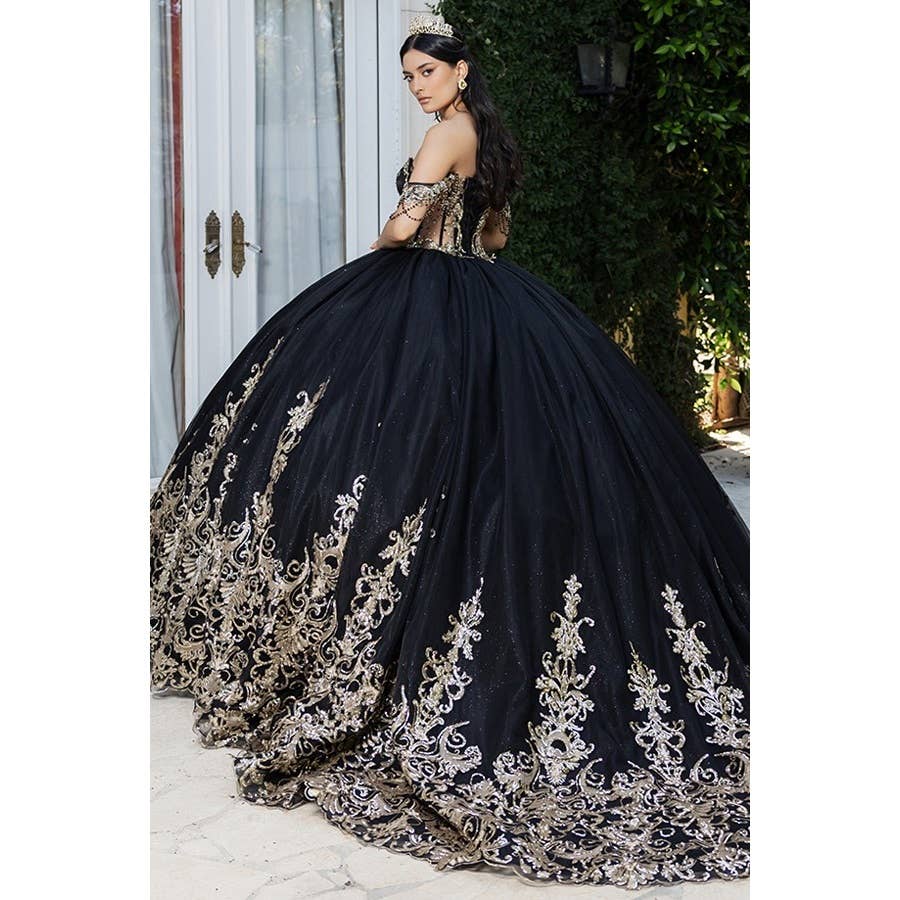 Regal Black Gold Off-Shoulder Metallic Embroidered Quinceanera Ball Gown Dream