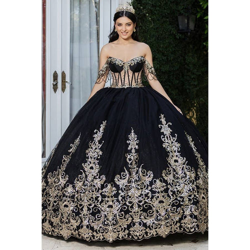 Regal Black Gold Off-Shoulder Metallic Embroidered Quinceanera Ball Gown Dream