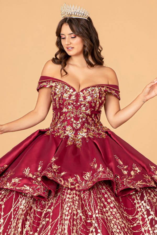 Elegant Off-Shoulder Satin Quinceanera Ball Gown with Dazzling Gold Embroidery