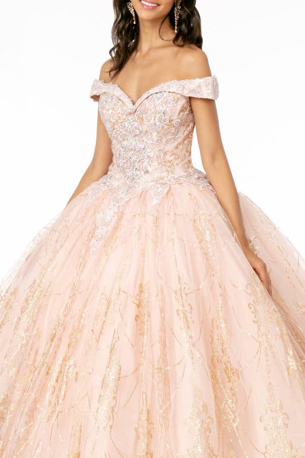 Sparkling Glitter Mesh Quinceanera Gown with Cut-Away Shoulders & Sweetheart Neckline