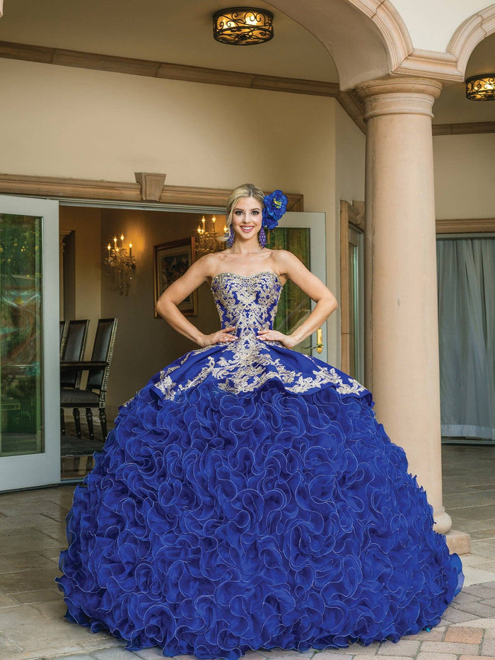 Exquisite Royal Blue Quinceañera Ball Gown with Gold Embroidery Ruffles